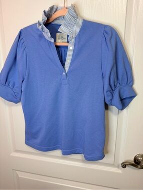 Umgee Lavender-Blue Puff Sleeve Button Front Top